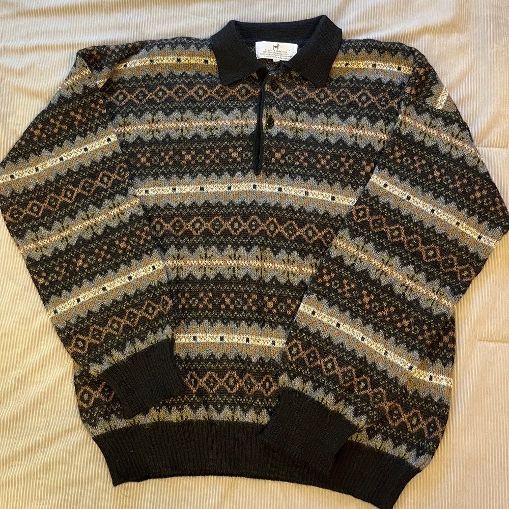 Vintage Peruvian Connection Men's Zip Polo Sweater in Black, Gold, Gray, Brown